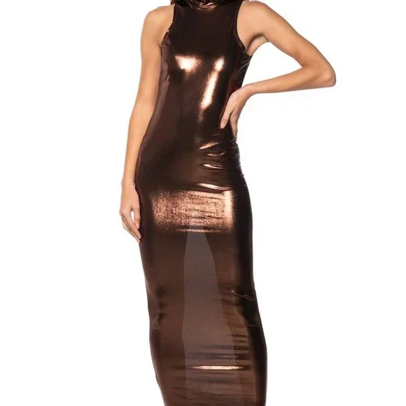 Xena Metallica: Brown Bronzer Stretch Mid Maxi Dress M - Picture 7 of 7